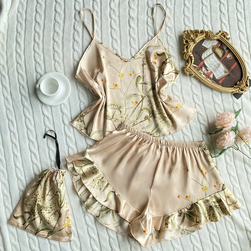 Women’s Elegant Floral Print Cami Tops Ruffle Hem Shorts Pajama Set.