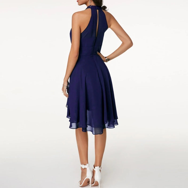 Women’s Elegant Dress Summer Solid High Waist Halter Sleeveless Midi Dresses.