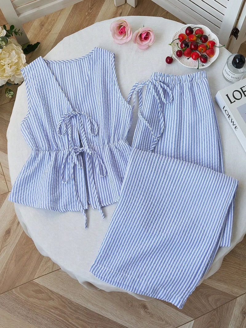 Summer Two Piece Set Women Striped V Neck Lace Up Sleeveless Blouse High Waist Wide Leg Pants.