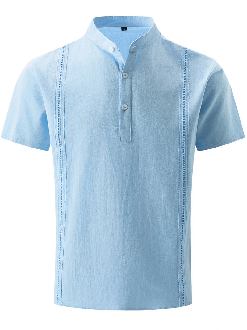 Summer Men's Solid Color Cotton Linen Henley Shirt Casual Guayabera Short.