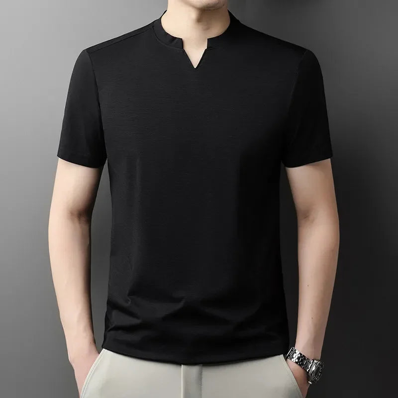 Korean Men's Casual and Fashionable Small V-neck Solid Color Short Sleeved T-shirt.