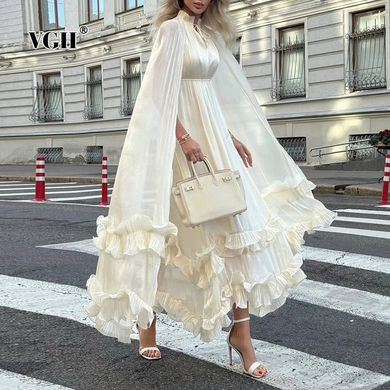 VGH Solid Spliced Ruffles Cape Long Dresses for Women.