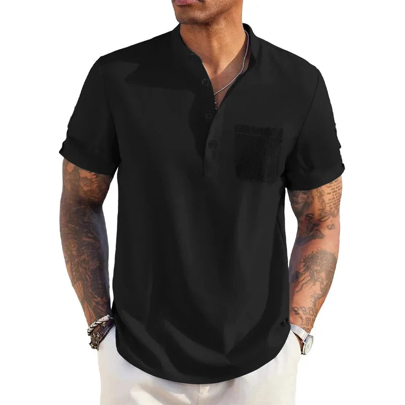 Summer Men's Cotton Linen T-Shirt Henley Neck Pocket Casual Lightweight.