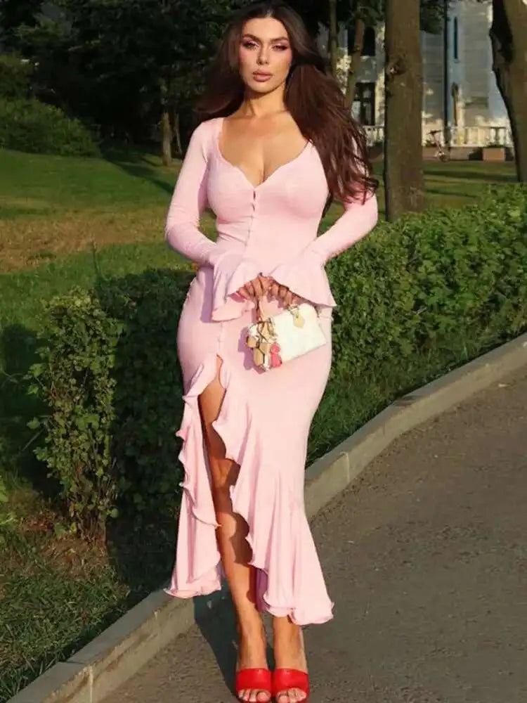 Women’s Mozision Flare Long Sleeve Ruffle Sexy Maxi Dress.