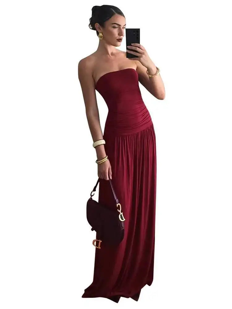 Mozision Off-shoulder Strapless Pleated Sexy Maxi Dress Women.