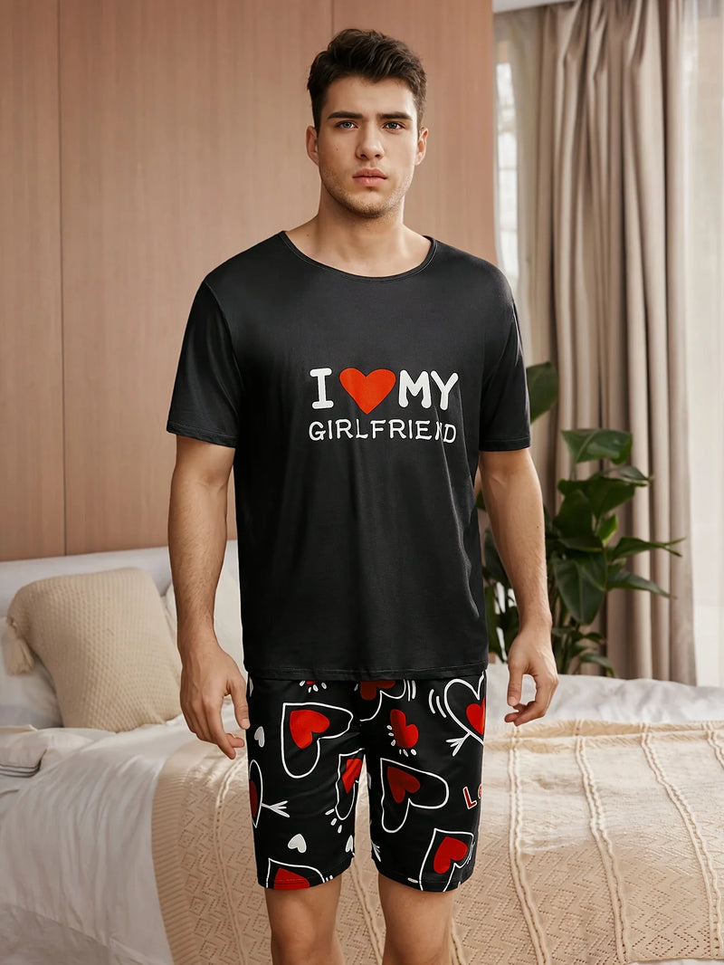 A set of men's clothing, short sleeves and love printed shorts.