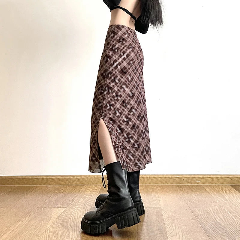 Women Spring Autumn Plaid Print Wrap Hips Skirts Fashion Ankle-Length Sexy.