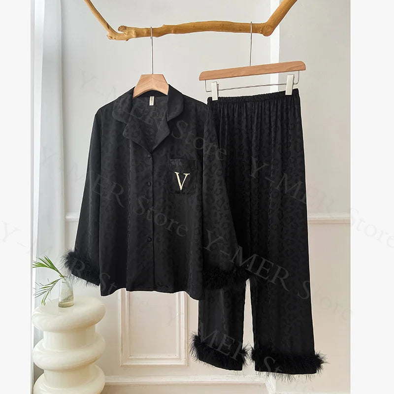 2PCS Pjs Sleepwear Women Summer New Pyjamas Suit Leopard Satin.