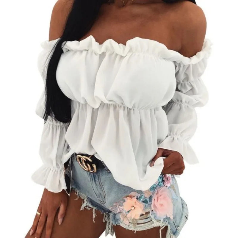 Women's Fashion One-line Collar Waist Shirt Women's Pleated.