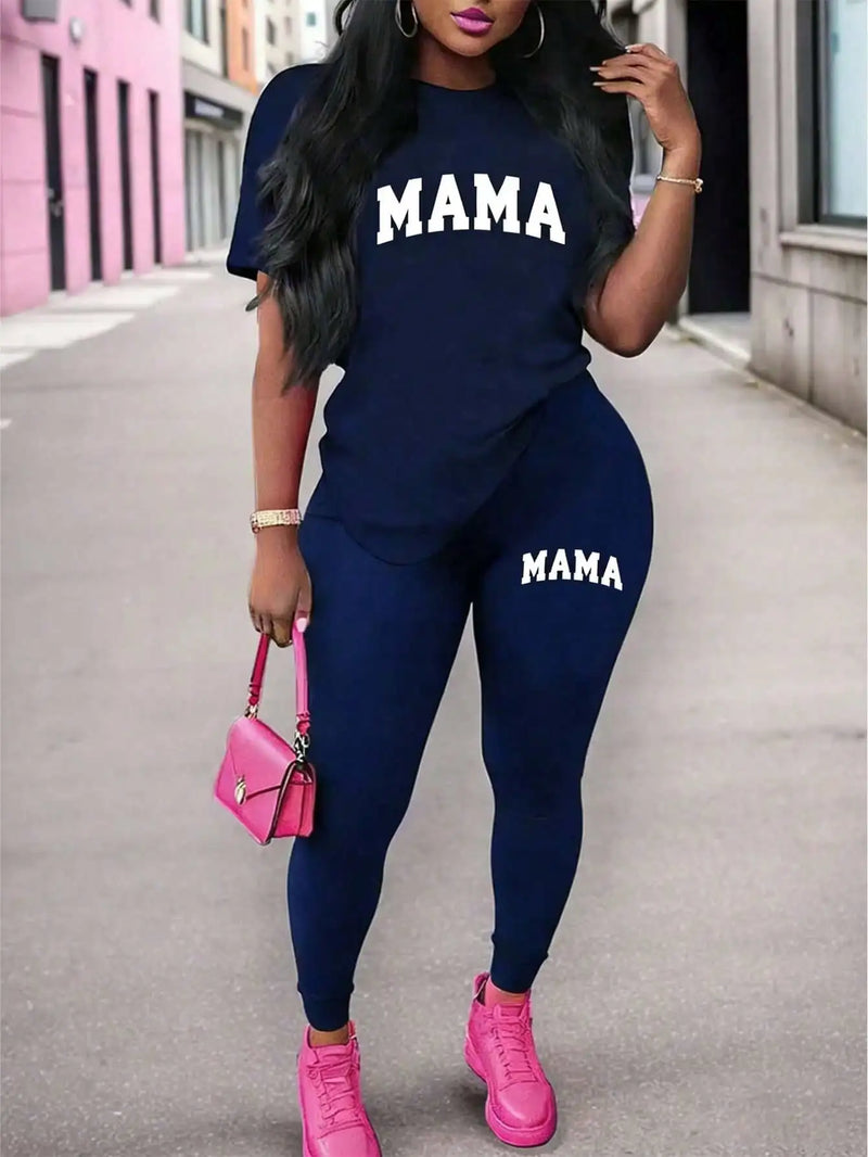 Women's New Casual Spring/Summer Two Piece Set Round Neck Letter Printed Short Sleeve T-shirt and Letter Printed Pants.
