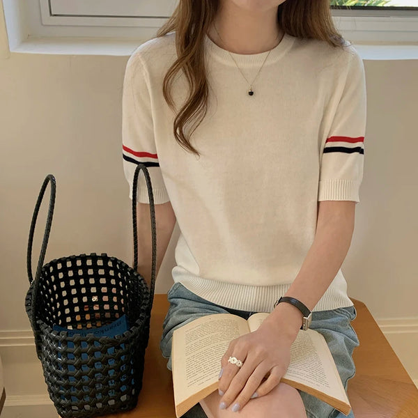 Summer  cotton women's T-shirt casual striped knit pullover short sleeved.
