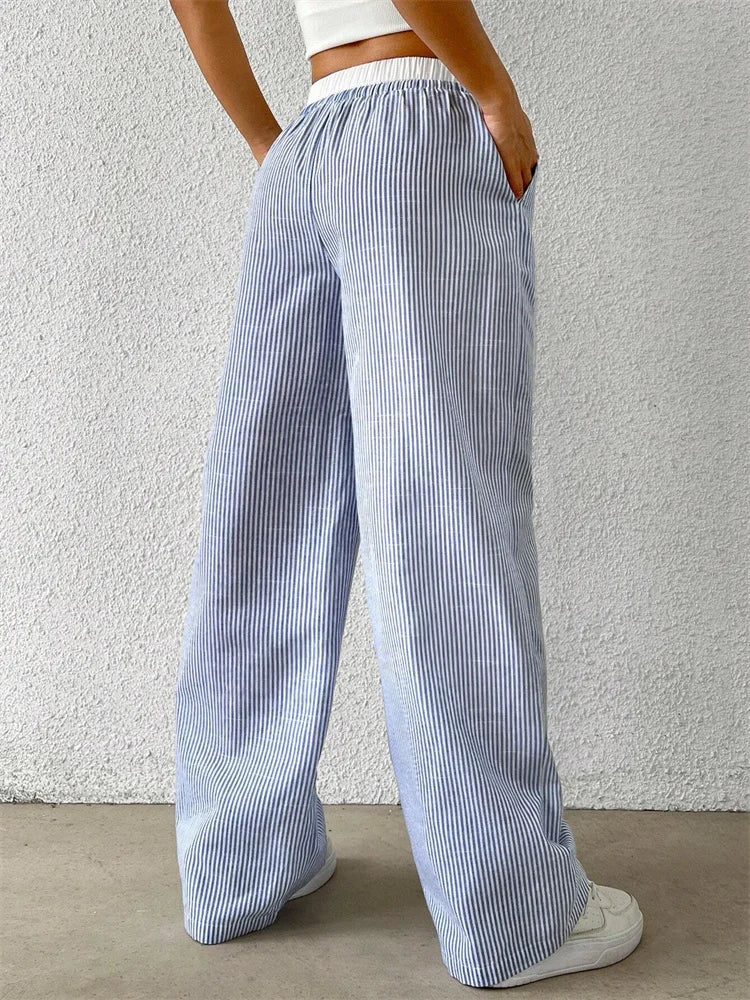 Women's Casual Striped Woven Wide Leg Pants Fall Winter.