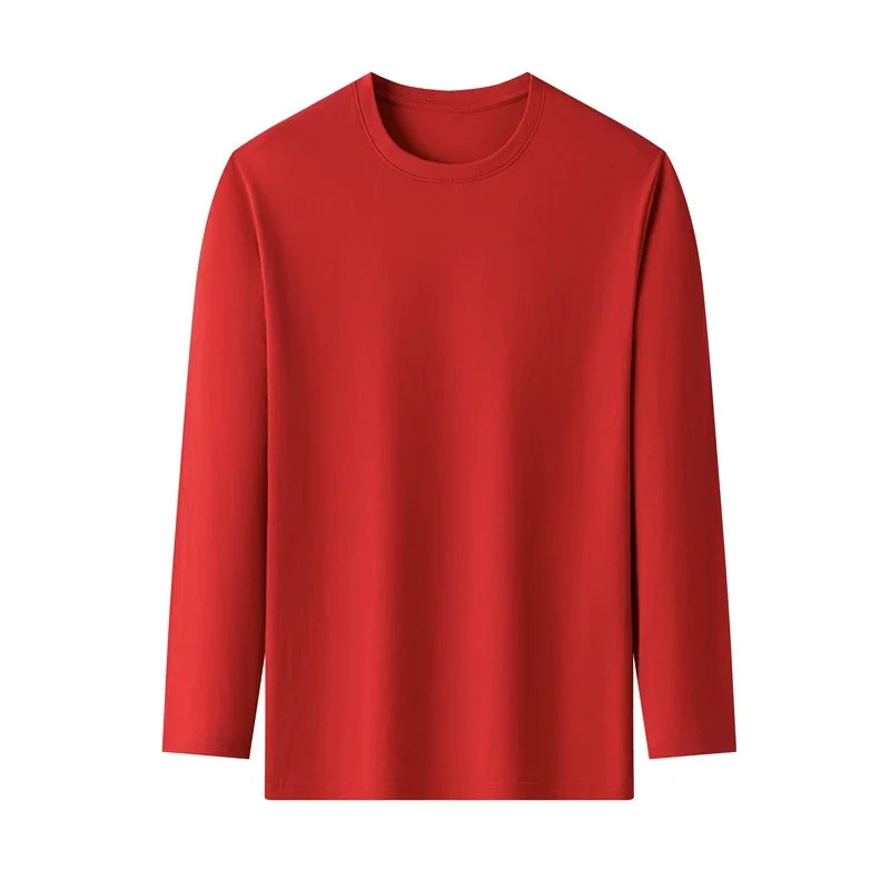 Men's Solid Color Round Neck Cotton Long Sleeved T-shirt.