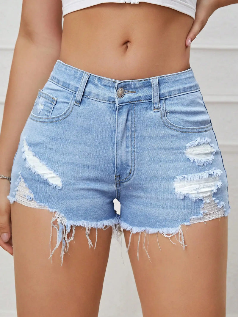 Ripped Raw Denim Shorts For Women Fashion A-line Hem Female Summer.