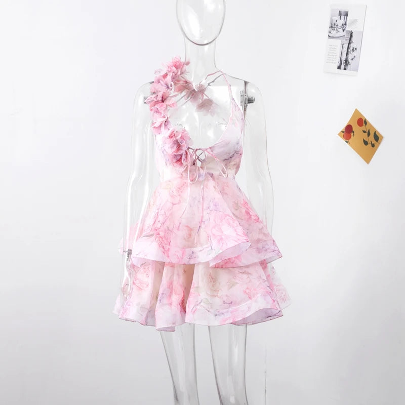 Women’s Chic Floral Printed Mini Dress Backless Sleeveless.