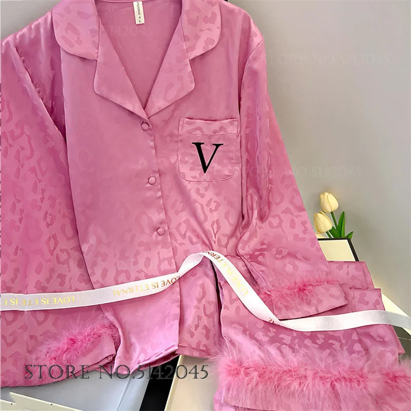 Female 2pcs Pajamas Set Sleepwear Long Sleeve Trouser Pijamas Suit.