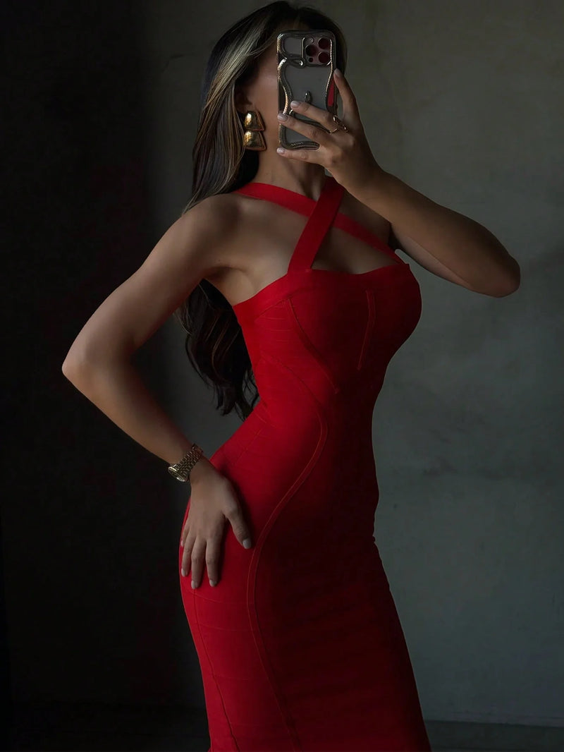 Sexy Halter Red Ribbed Midi Bodycon Dress For Women.