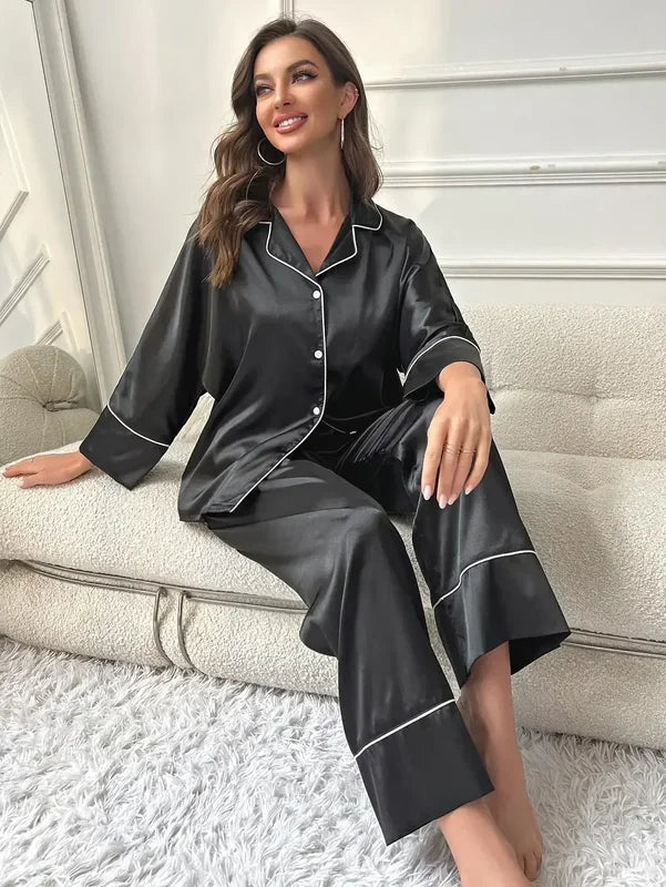 Women's Pajama Set Sleepwear Suit Loungewear Pj Set Satin Long Sleeve Tops.