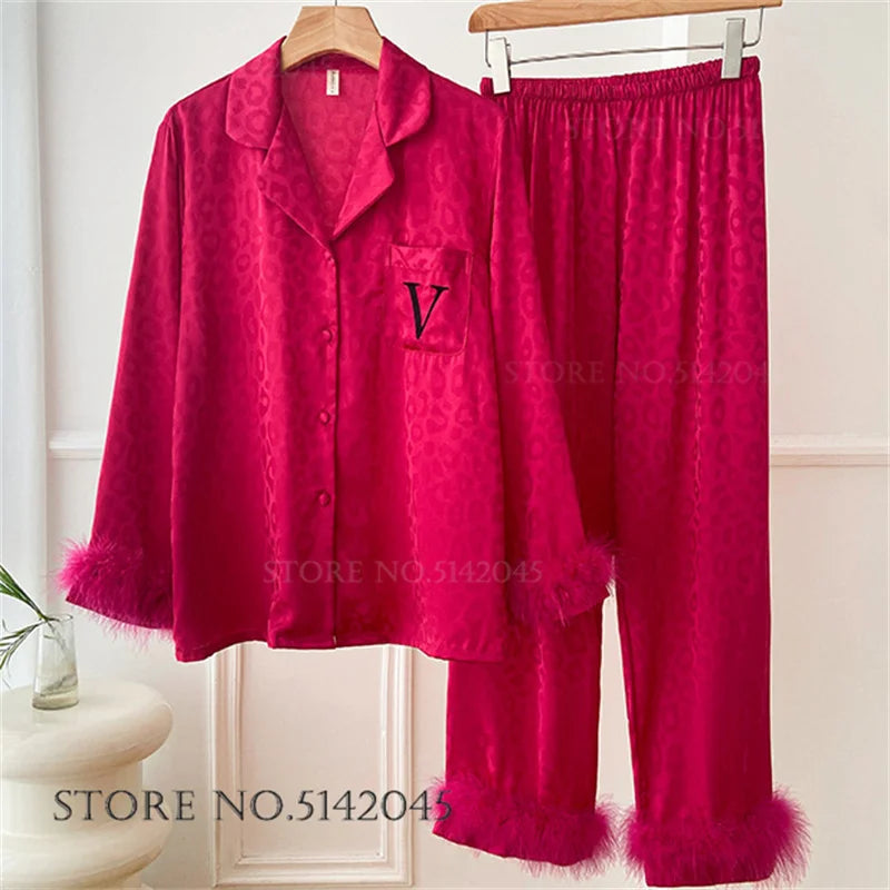 Female 2pcs Pajamas Set Sleepwear Long Sleeve Trouser Pijamas Suit.