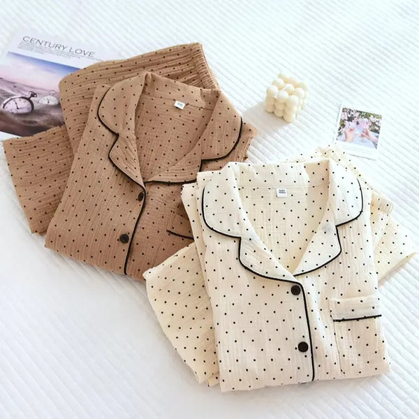 Spring and Autumn Women's Pajama Set cotton crepe long-sleeved trousers.