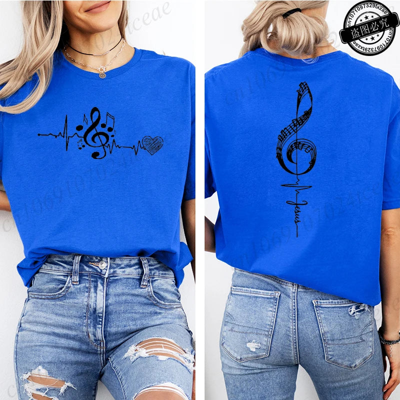 Musical Notes Printed T-Shirt for Women,Heartbeat Music Graphic Tee.