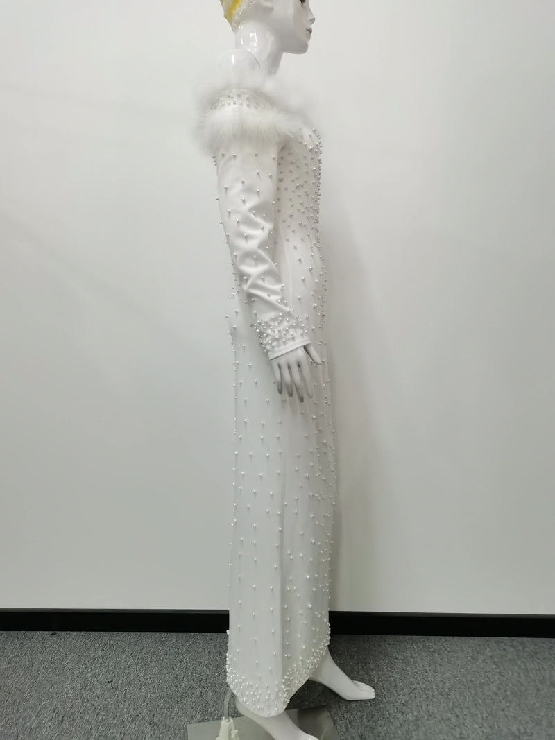 Feather White Dress Party Women Pearls Long Night Dresses.