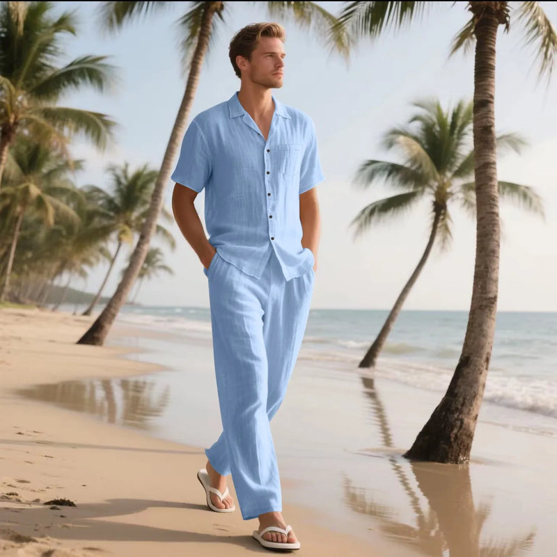 Summer Beach Men's linen short-sleeved shirt set is a two-piece long pants set.