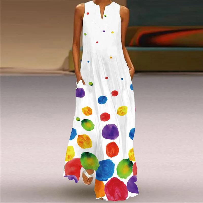 3D Floral Printed Dress Summer Vintage V-neck Sleeveless Loose Maxi Dress Elegant.