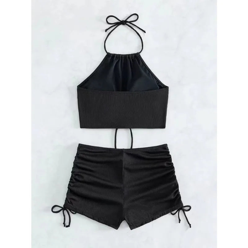 Solid Color Halter Neck Bikini Separate Swimwear Women's Sexy Strapless.