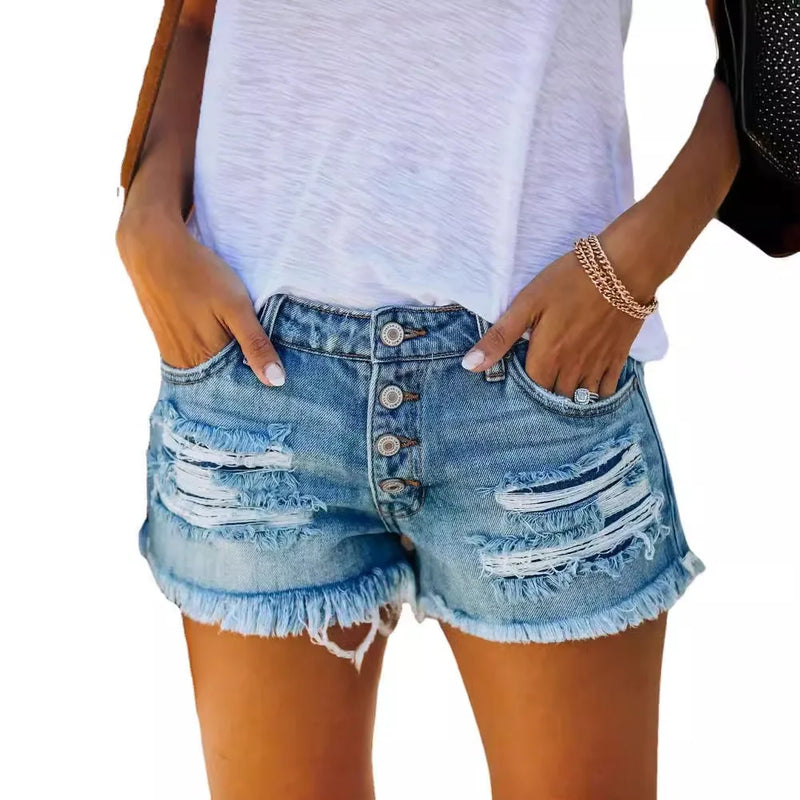 Denim Shorts Women Fashion Trendy Hole Tassel Solid Color.