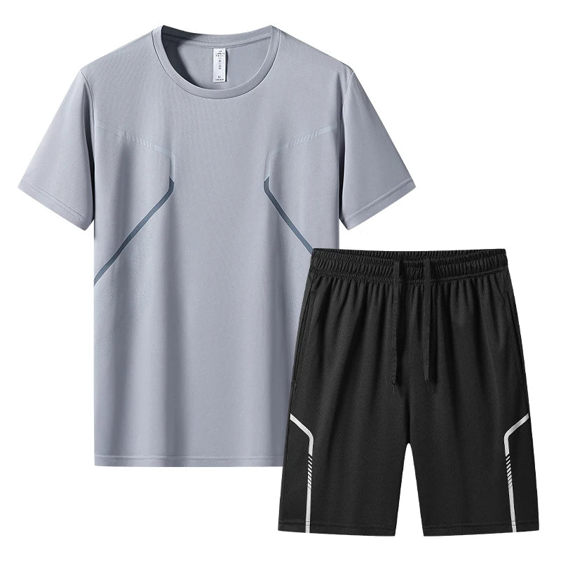 Men's Short Sleeve T-shirts Shorts 2 Piece Sets Summer Outdoor Run Training.