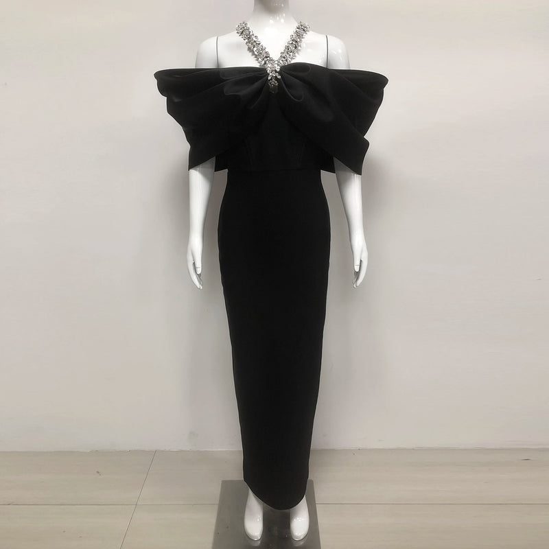 Red Black Women Sexy Halter Off the Shoulder Crystal Ruffles Bodycon Long Bandage Dress.