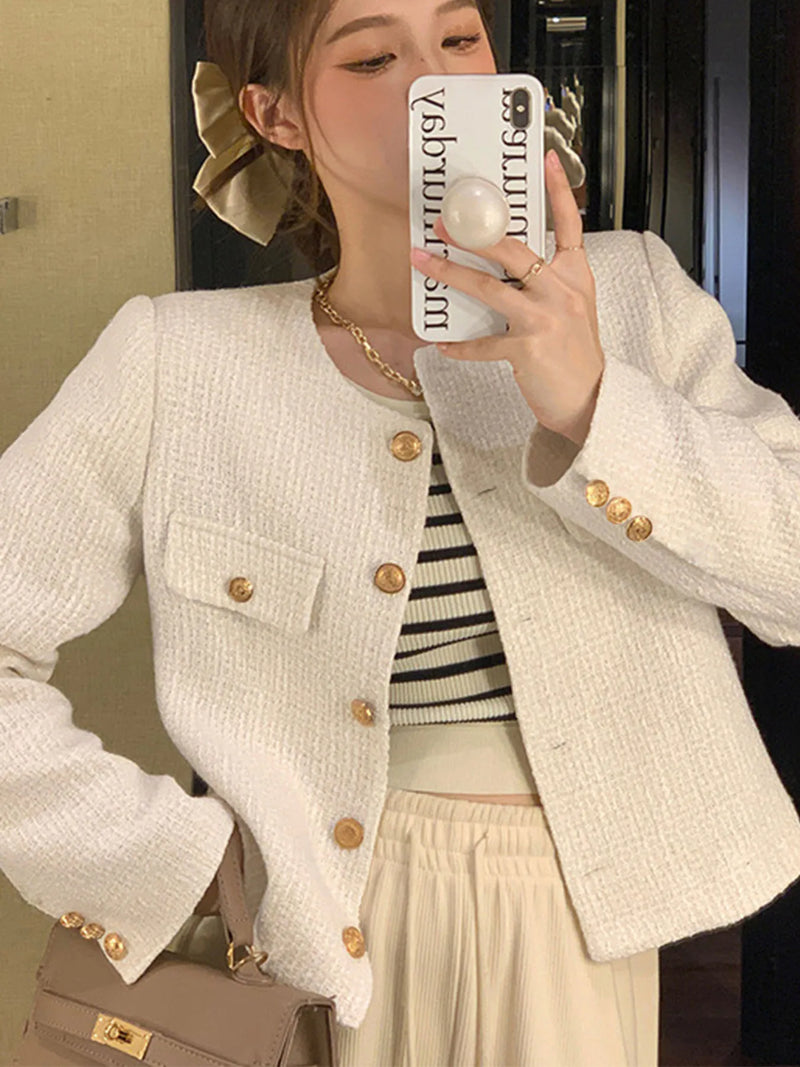 French Wool Tweed Coat Fashion High-end Gold Button Short Slim for Women.