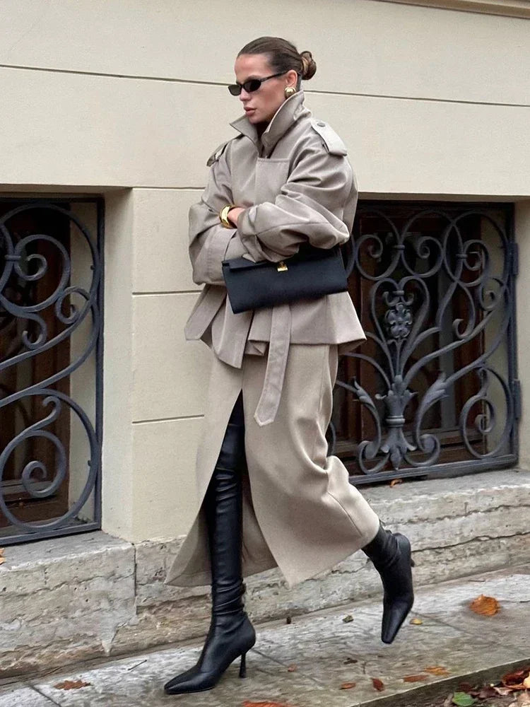 Casual Solid Lace Up Short Trench Coat Women Chic Long Sleeve.