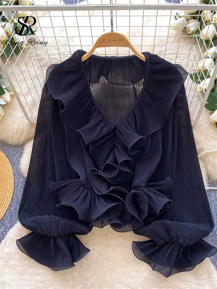 SINGREINY Ruffles Pleated Romantic Tops Thin Spring Summer V Neck.