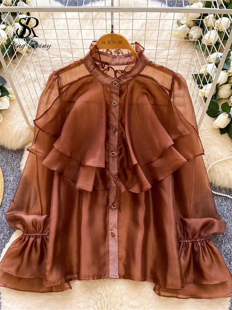 SINGREINY Feminine Ruffles Chiffon Blouse Puff Sleeve French Style Office.