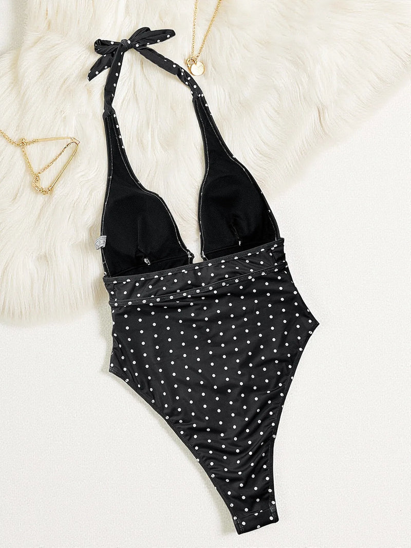 Sexy Deep V Neck One Piece Swimsuit Polka Dot Print Patchwork.