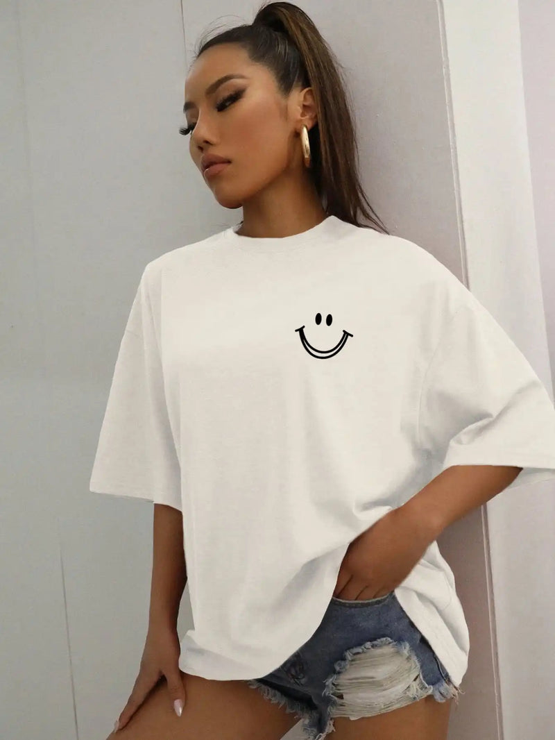 Happy Expression Printed Womens Cotton Short Sleeve Street Hip Hop Tee.