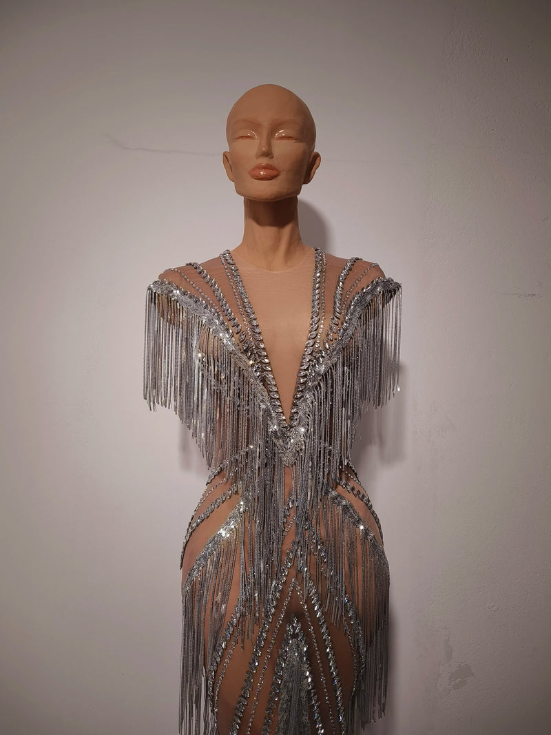 Women Sexy Mesh Sparkly Rhinestone Tassels Stretch Long Dress.