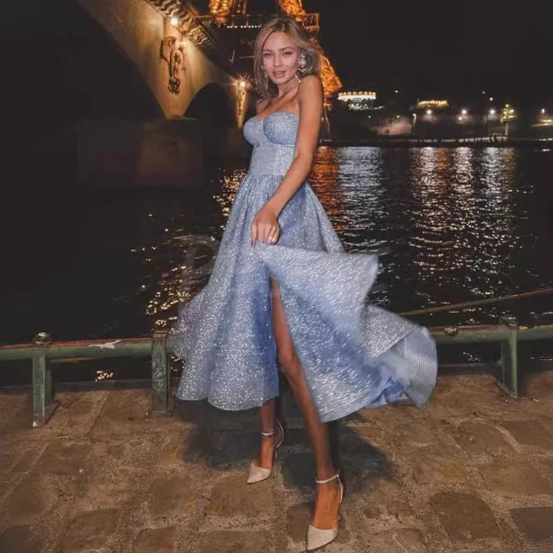 Elegant Long Evening Gown Spring New Style Strapless Sequin Formal Dress.
