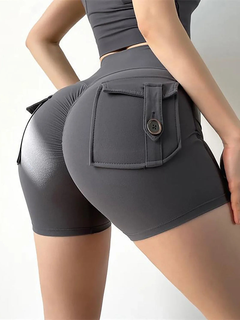 Fitness Exercise Three-Quarter Pants Cargo Air Dry Pocket Yoga Tight lift the hips Women's Shorts.