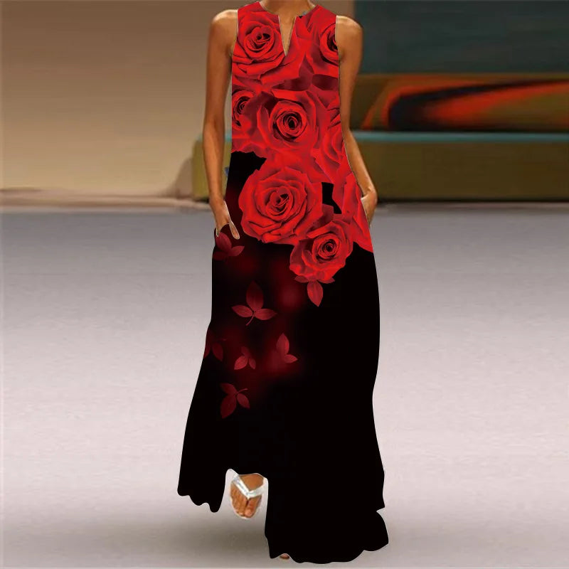 3D Floral Printed Dress Summer Vintage V-neck Sleeveless Loose Maxi Dress Elegant.