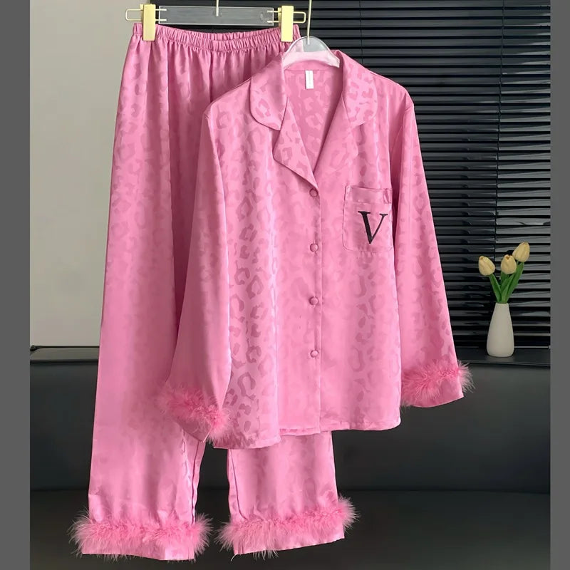 2PCS Pjs Sleepwear Women Summer New Pyjamas Suit Leopard Satin.
