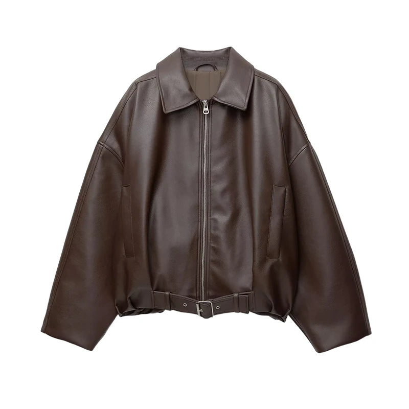 Vintage PU Leather Bomber Jackets Autumn Ladies Zipper Lapel Long Sleeve.