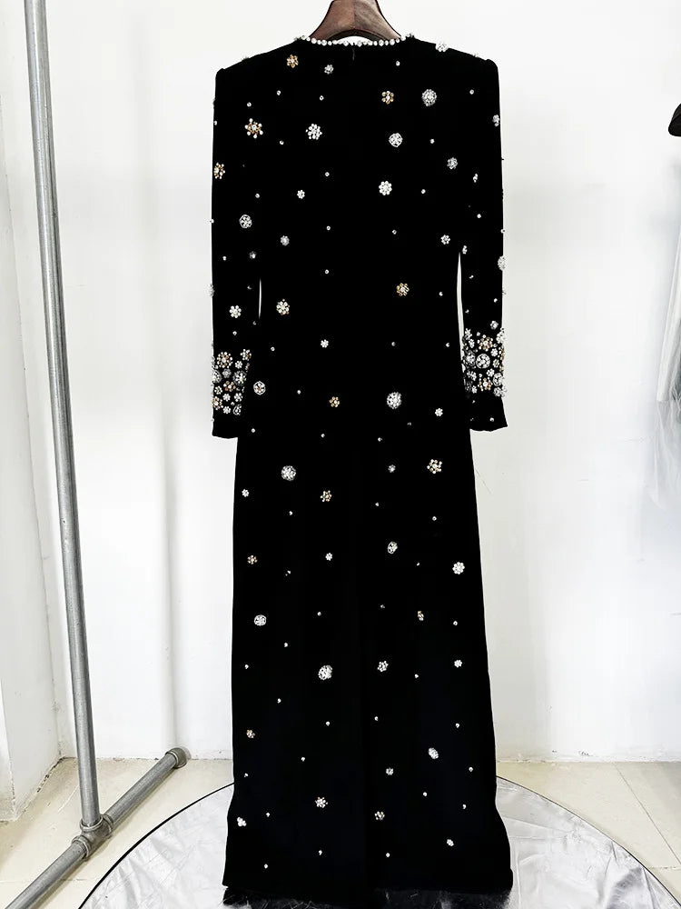 Women's Formal Long Sleeve Luxurious Beaded Long Maxi Dress.