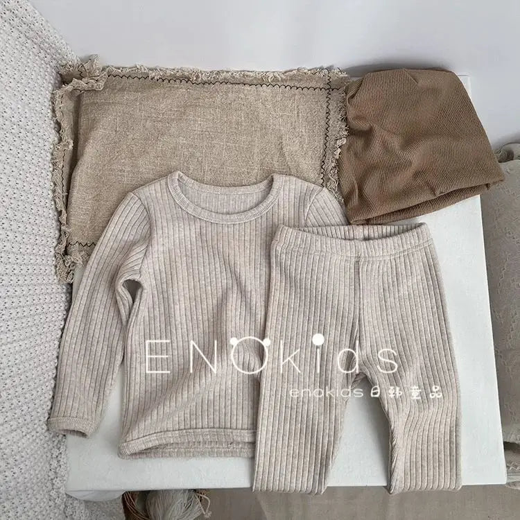 Kids Girls 2PCS Pajamas Set Cotton Round Collar Ribbed.