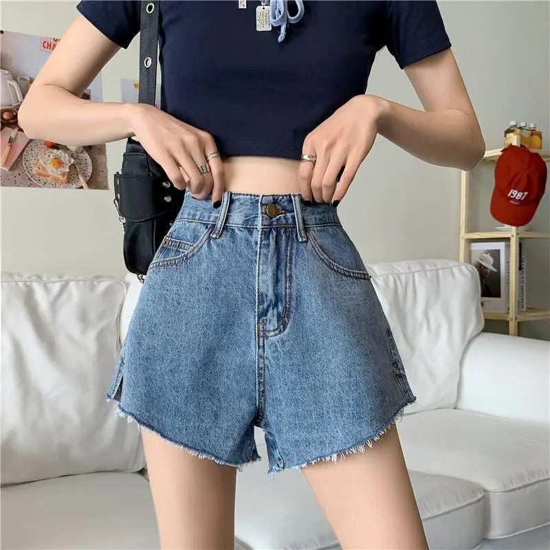 Ripped Denim Womens Shorts High Waist Wide Short Pants for Women.