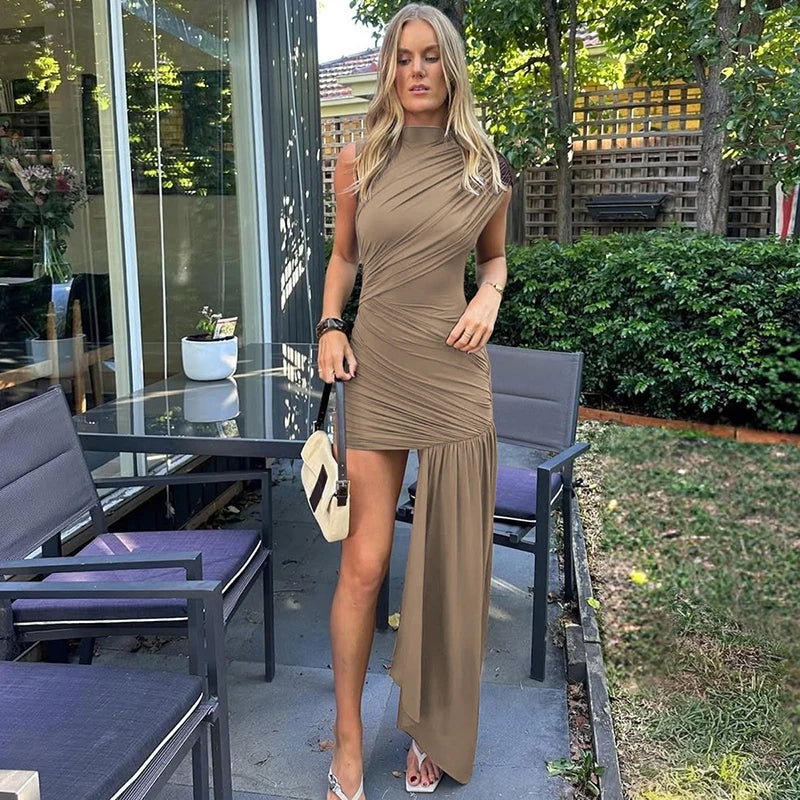 Mozision Irregular Draped Ruched Sexy Mini Dress For Women.