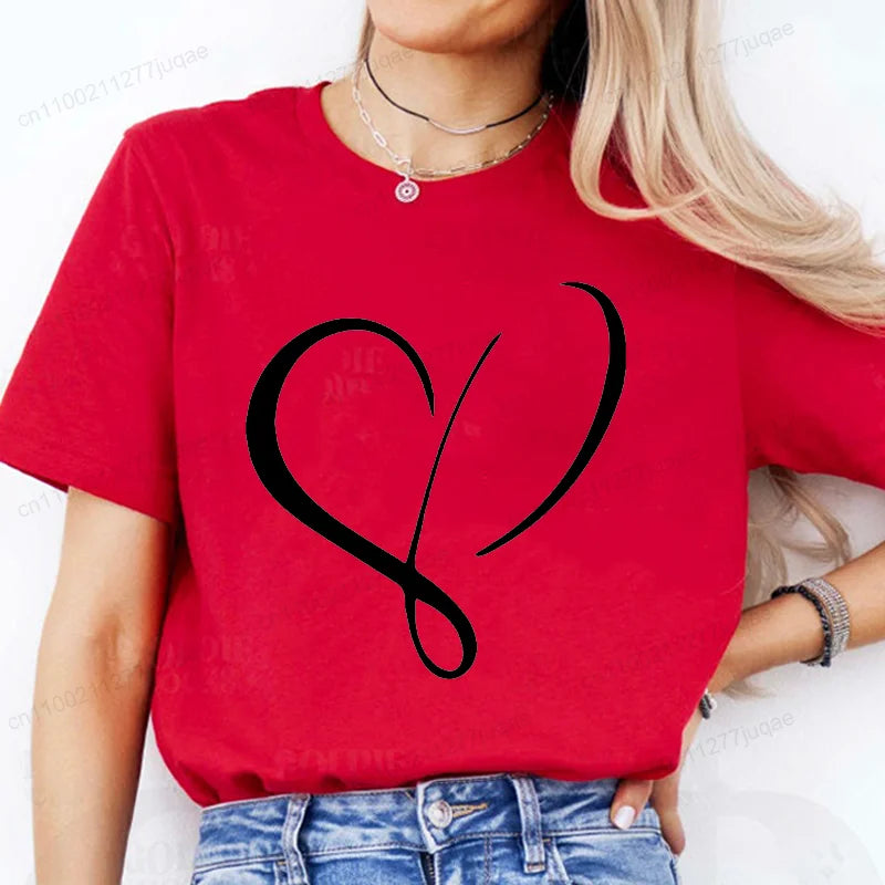 Women Love Heart Design T-Shirts Fashion Casual Short Sleeve.
