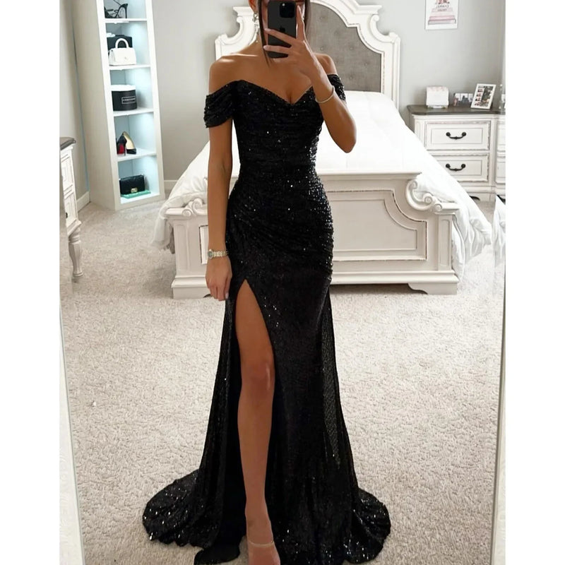 New Party Sequins One line Neck Split Dress INS Casual Versatile Fashionable Charming Slimming Dress.